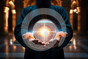 a young islamic man holding a glowing ball in a mosque, islamic background. The concept of unlimited faith in Allah Almighty. No
