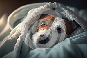 A young Jack Russell Terrier dog under a blanket. The pet is basking under the plaid. The concept of caring for pets.