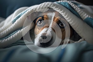 A young Jack Russell Terrier dog under a blanket. The pet is basking under the plaid. The concept of caring for pets.