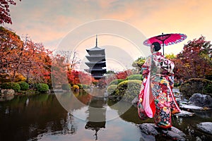 Young Japanese girl traveller in traditional kimino dress standing in Toji temple with wooden pagoda and red maple leaf in autumn