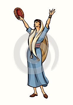 Dancing woman with a tambourine. Vector drawing