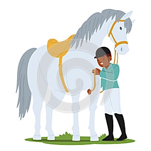 Young Jockey, Adorned In Colorful Racing Gear, Affectionately Tends To His Spirited Horse, Their Bond Evident, Vector