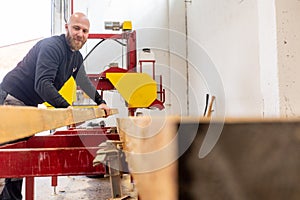 Young joiner cutting huge wood on the band saw, joinery concept