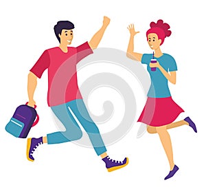 Young joyful laughing people jumping with raised hands isolated on white background. Happy positive young man and woman