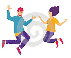 Young joyful laughing people jumping with raised hands isolated on white background. Meeting of friends. Man and woman