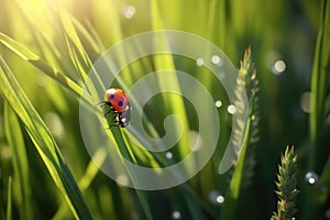 Young juicy fresh green leaves and a ladybug. Generative AI