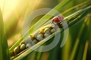 Young juicy fresh green wheat ears spikes and a ladybug on nature close-up macro. Generative AI
