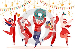 Young jumping and dancing people dressed in Santa Claus costumes and hats. New Year party celebration.