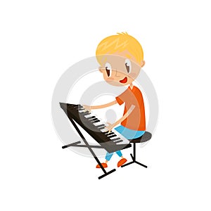 Young keyboardist playing on synthesizer, little musician character with musical instrument cartoon vector Illustration photo