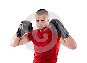 Young kickbox fighter on white