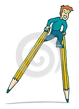 Young kid walking on pencil stilts