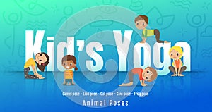 Young kids in different yoga poses, Children doing yoga with animal posture. cartoon illustration