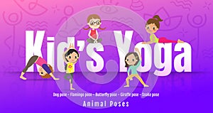 Young kids in different yoga poses, Children doing yoga with animal posture. cartoon illustration