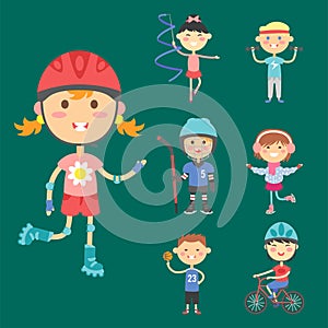 Young kids sportsmens future roller skates gymnastics children sport players vector illustration.