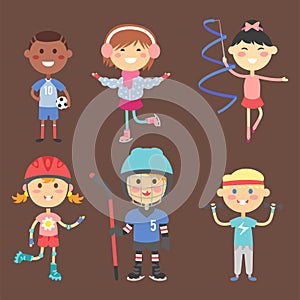 Young kids sportsmens future roller skates gymnastics children sport players vector illustration.