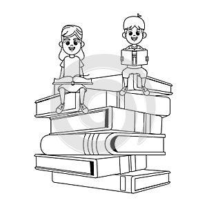 Young kids with stacked big books black and white