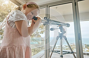 Young kids, telescope and home learning about planets, stars and sky in space. Excited, curious and happy girl play