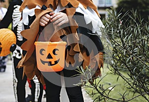 Young kids trick or treating during Halloween photo