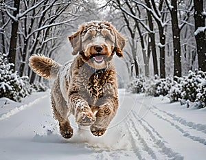 Young labradoodle in the snow