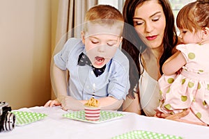 Young lad poised to blow out candle photo