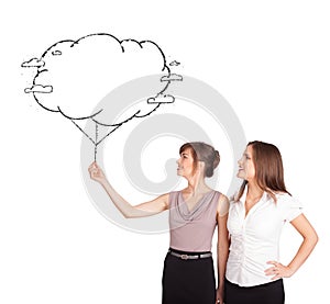 Young ladies holding cloud balloon drawing