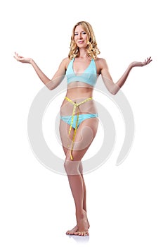Young lady with centimetr - weight loss concept