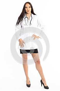 A young lady doctor wearing a white coat and a stethoscope is hung around her neck