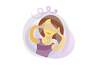 Young lady with a headache. Troubles and worries. Flat vector illustration. Isolated on white background.