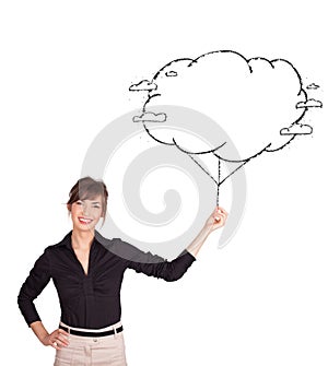 Young lady holding cloud balloon drawing