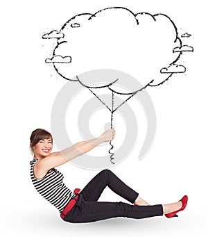 Young lady holding cloud balloon drawing