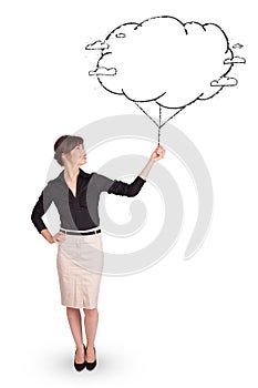 Young lady holding cloud balloon drawing
