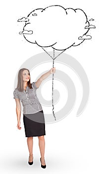 Young lady holding cloud balloon drawing