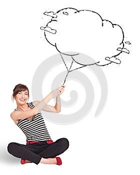 Young lady holding cloud balloon drawing