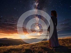 young lady looking at the starry evening sky