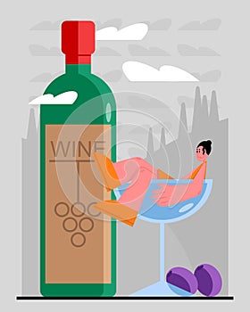 Young lady lying glass near bottle with wine. People engaged in manufacturing organic wine