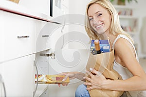 Young lady putting away provisions in kitchen