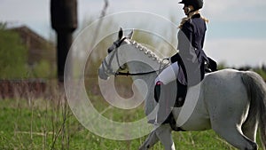 young lady is riding horse on field at summer, professional jockey is sitting in saddle