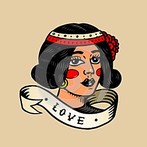Young lady for tattoo in vintage style. Retro old school sketch. Pretty woman with red cheeks. Modern symbol of the 20s