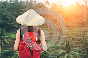 Young lady with traditional Asian hat and backpack standing and looking at rice field