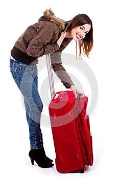 Young lady unzipping her bag