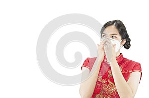 Young lady wearing mask protect fine dust in air pollution environment
