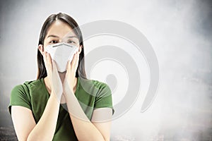 Young lady wearing mask protect fine dust in air pollution environment