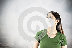 Young lady wearing mask protect fine dust in air pollution environment