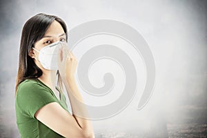 Young lady wearing mask protect fine dust in air pollution environment