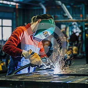 A young lady welding steel in a workshop