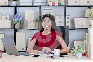 Young lady working at home office