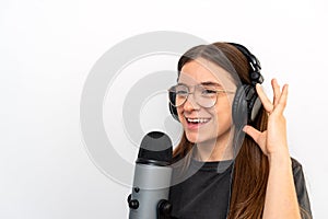 Young latin female announcer against white background