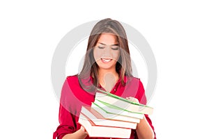 Young Latin Girl Holding Pile of Books