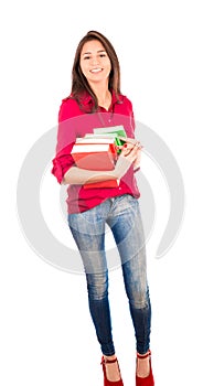 Young Latin Girl Holding Pile of Books