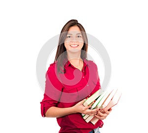 Young Latin Girl Holding Pile of Books